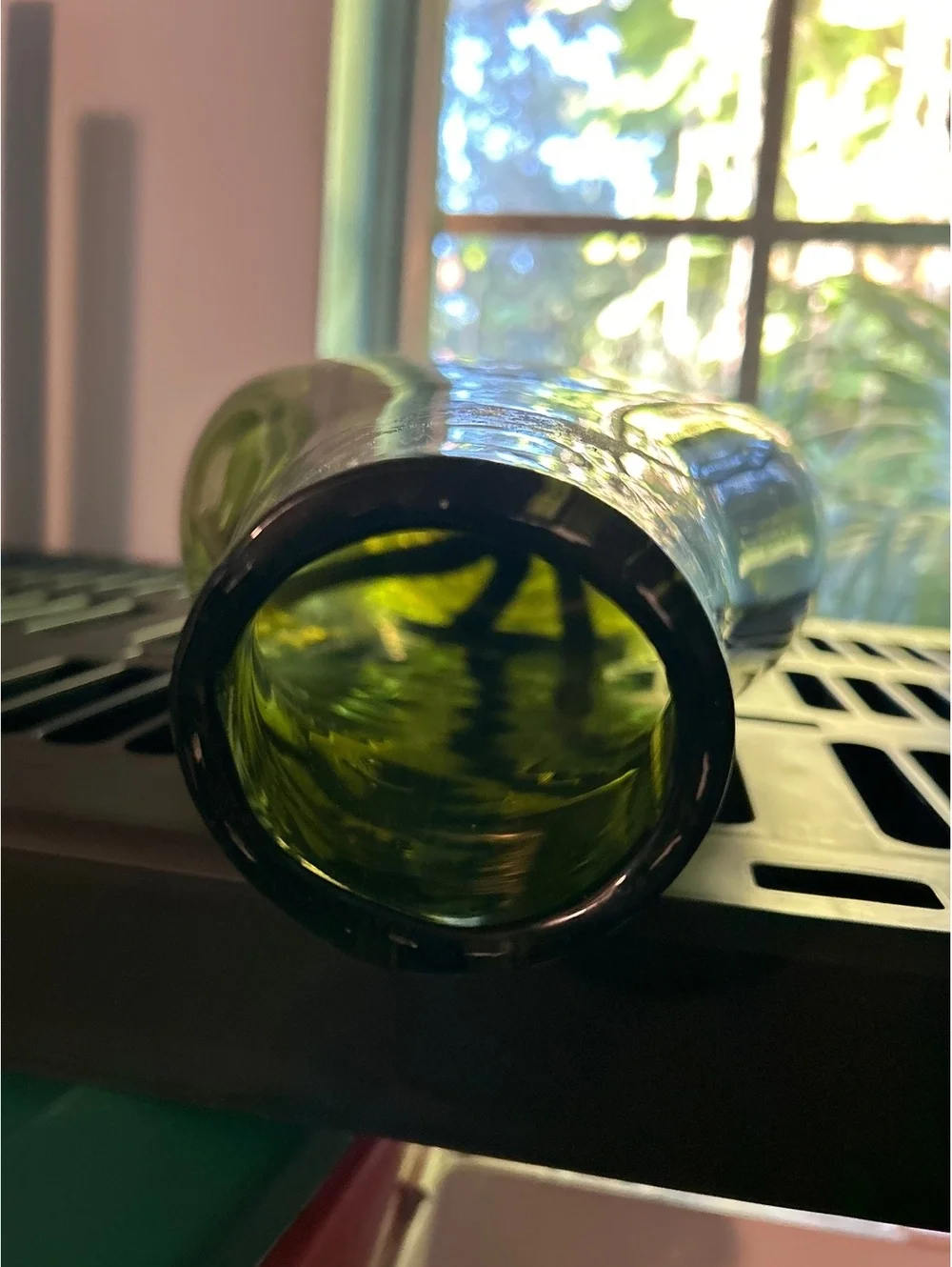 Vintage Green Glass Vase with Cream Striped Design